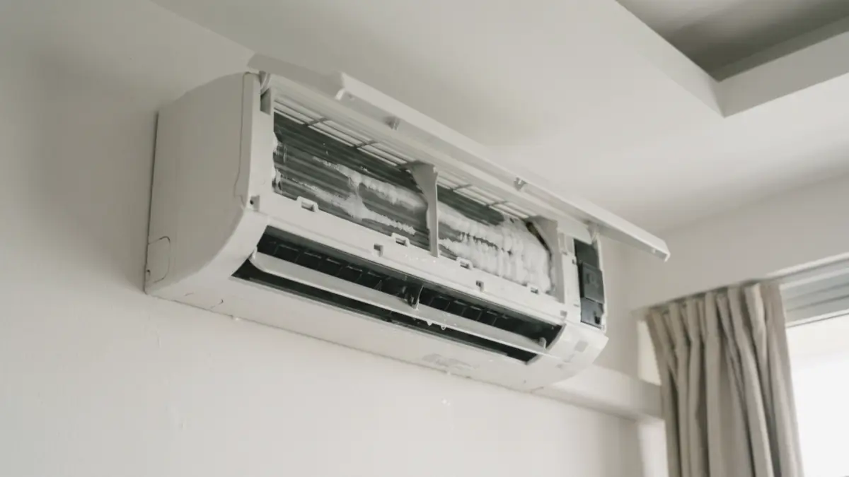 Wall-mounted aircon with the front panel open and frost covering the coil fins