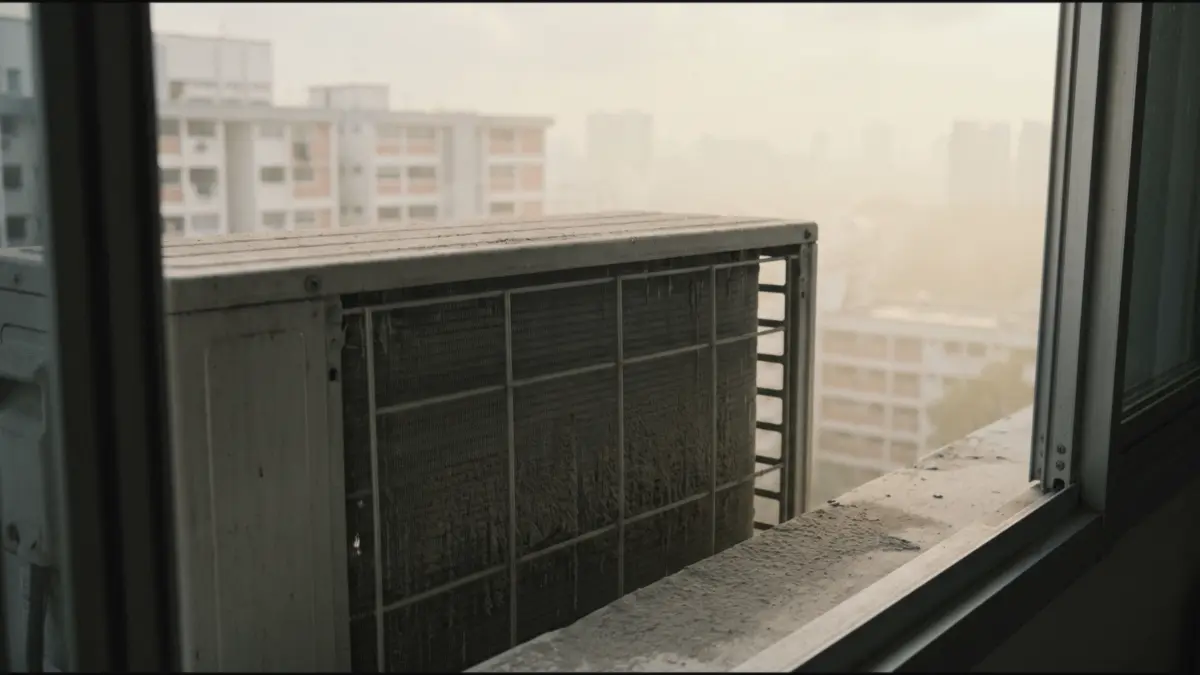 Outdoor aircon unit on an HDB ledge with dust-coated fins and hazy flats behind