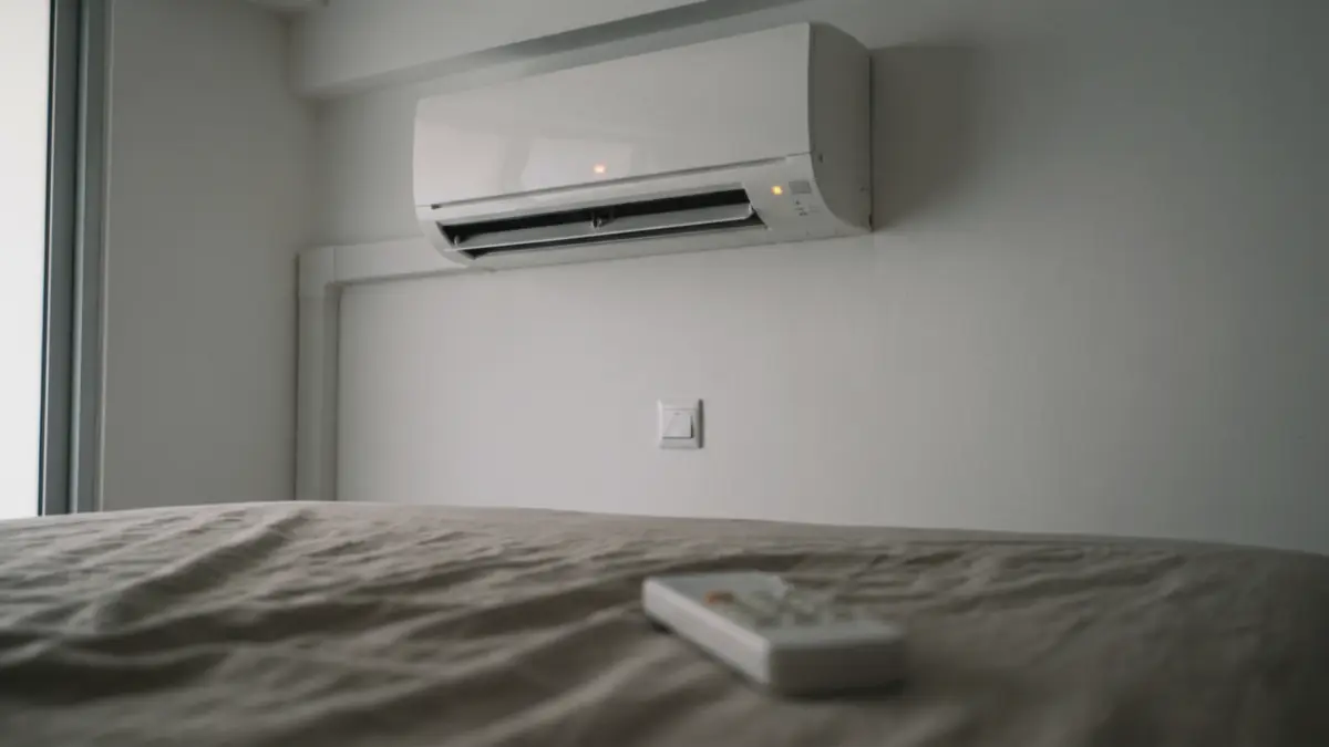 Wall-mounted aircon switched off with an amber light on, isolator switch below and remote on the bed