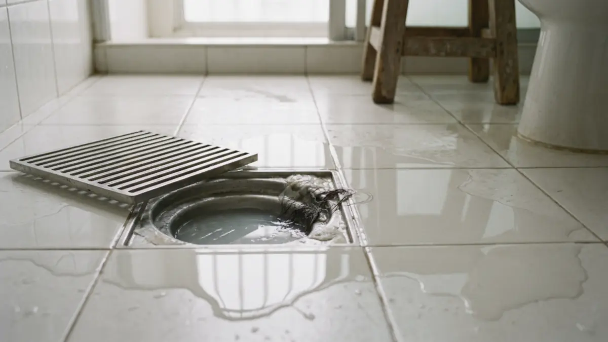 Open bathroom floor trap with hair and standing water, grating lifted onto wet white tiles