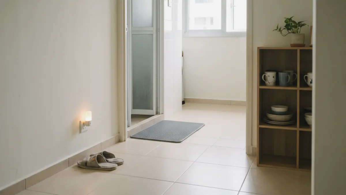 Dry HDB corridor with a non-slip bathroom mat, night light and items on a waist-height shelf