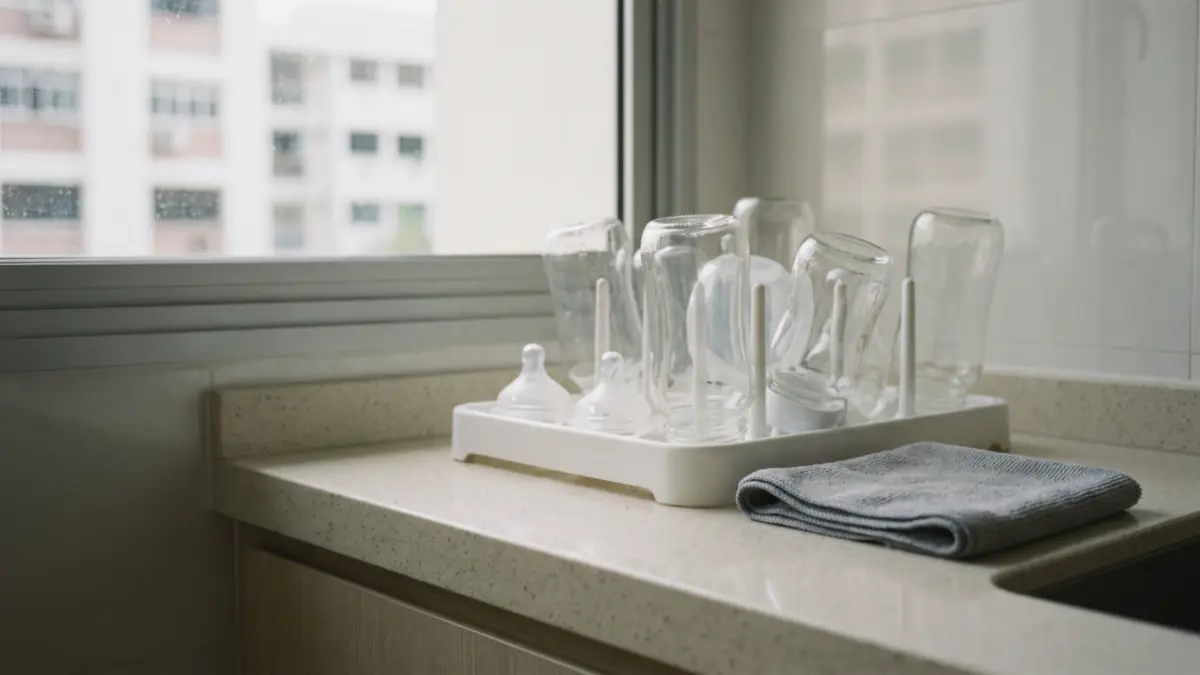 Baby bottles and teats drying on a rack beside a folded cloth on a kitchen counter