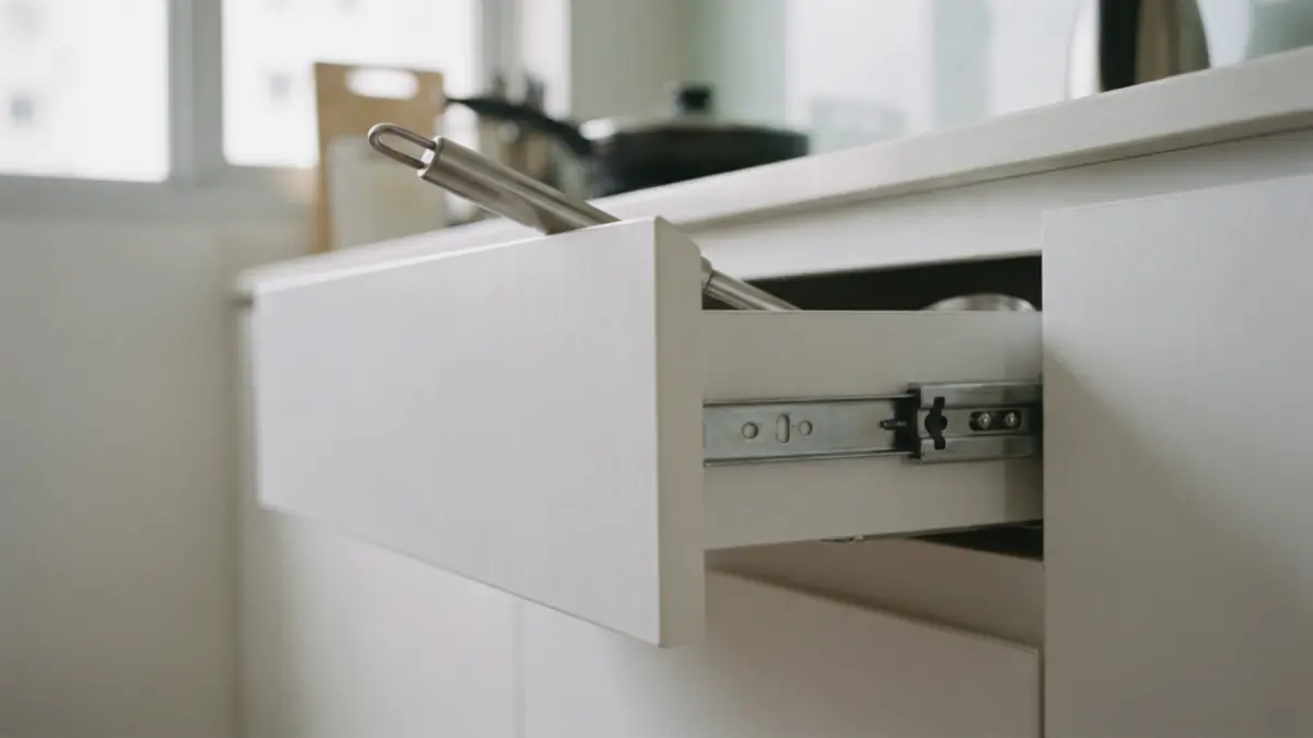 Kitchen drawer stuck half open with its ball-bearing runner exposed and a ladle jammed at the top