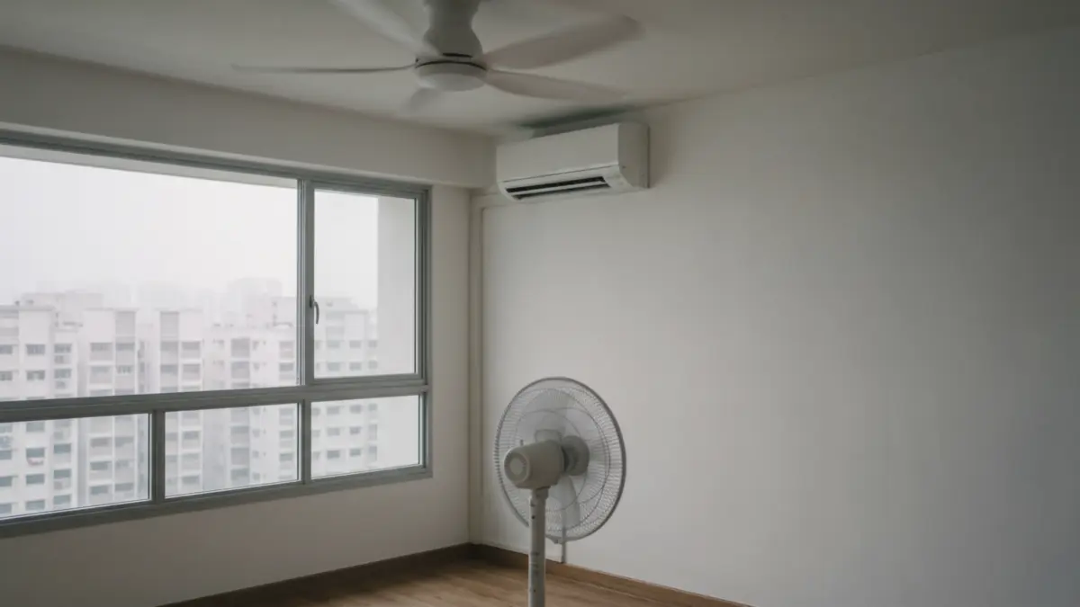 HDB living room with a wall aircon, ceiling fan and standing fan, haze outside a shut window