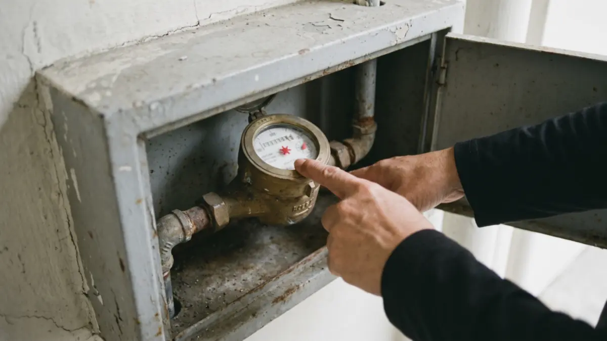 Finger pointing at the leak indicator on a water meter in an HDB corridor meter box