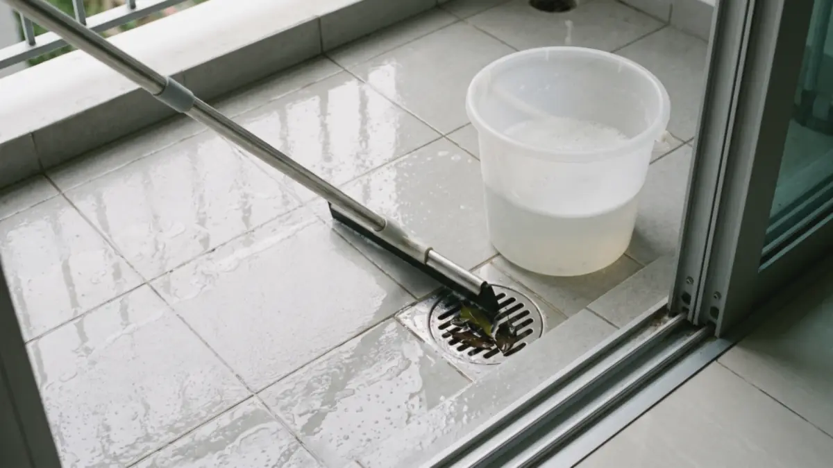 Squeegee pushing soapy water across wet balcony tiles towards a floor drain with fallen leaves
