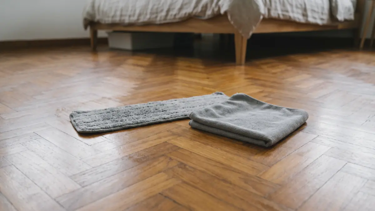 Microfibre mop pad and folded cloth on a herringbone parquet floor in a bedroom