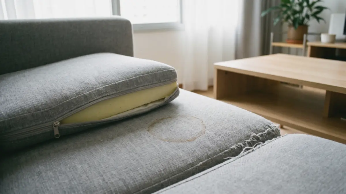 Grey sofa cushion half unzipped showing the foam insert, with a tea ring stain on the seat